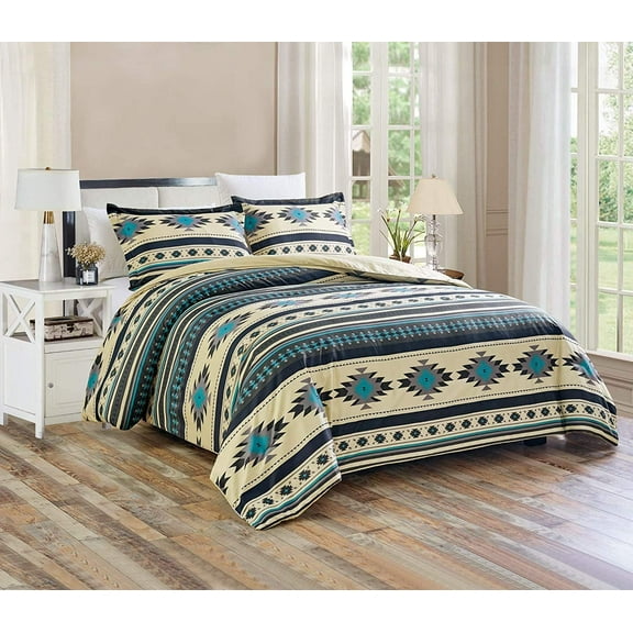 Chezmoi Collection Prescott 3-Piece Southwestern Multi-Color Teal Comforter Set, Queen