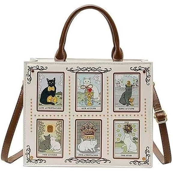 Six-Grid Cat Pattern Bag, 3-Way Crossbody Shoulder Top Handle Purse, Embroidered Lightweight Handbag with Pockets for Women