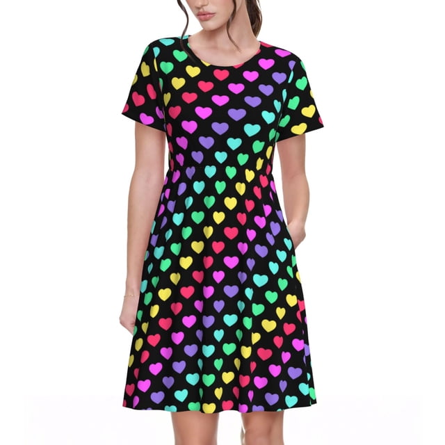 Fotbe Rainbow Hearts Vestido Largo de Moda para Mujer, Vestido Tipo Camiseta con Manga Corta y Estilo Casual a Rayas y Bloques de Color
