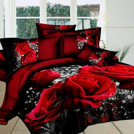 4 Pcs 3d Big Red Rose Floral Bedding Sets Wedding Duvet Cover