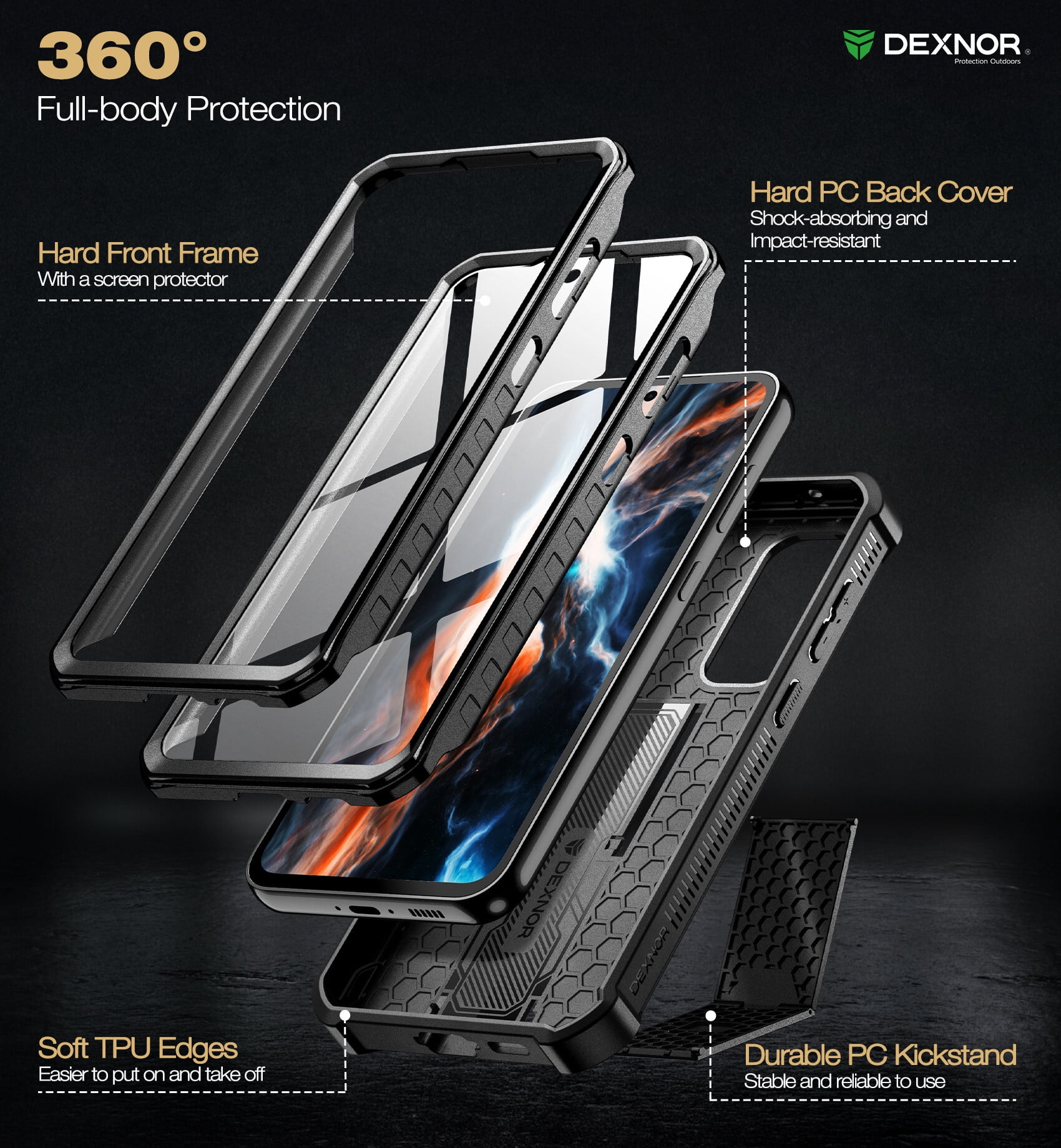 Dexnor Bumper Case for Samsung Galaxy S23 FE (2023), Full-Body Shockproof Rugged Heavy-Duty Protective Cover Dual-layer Protection with 2 Front Frames & Built-in Screen Protector & Kickstand,Black