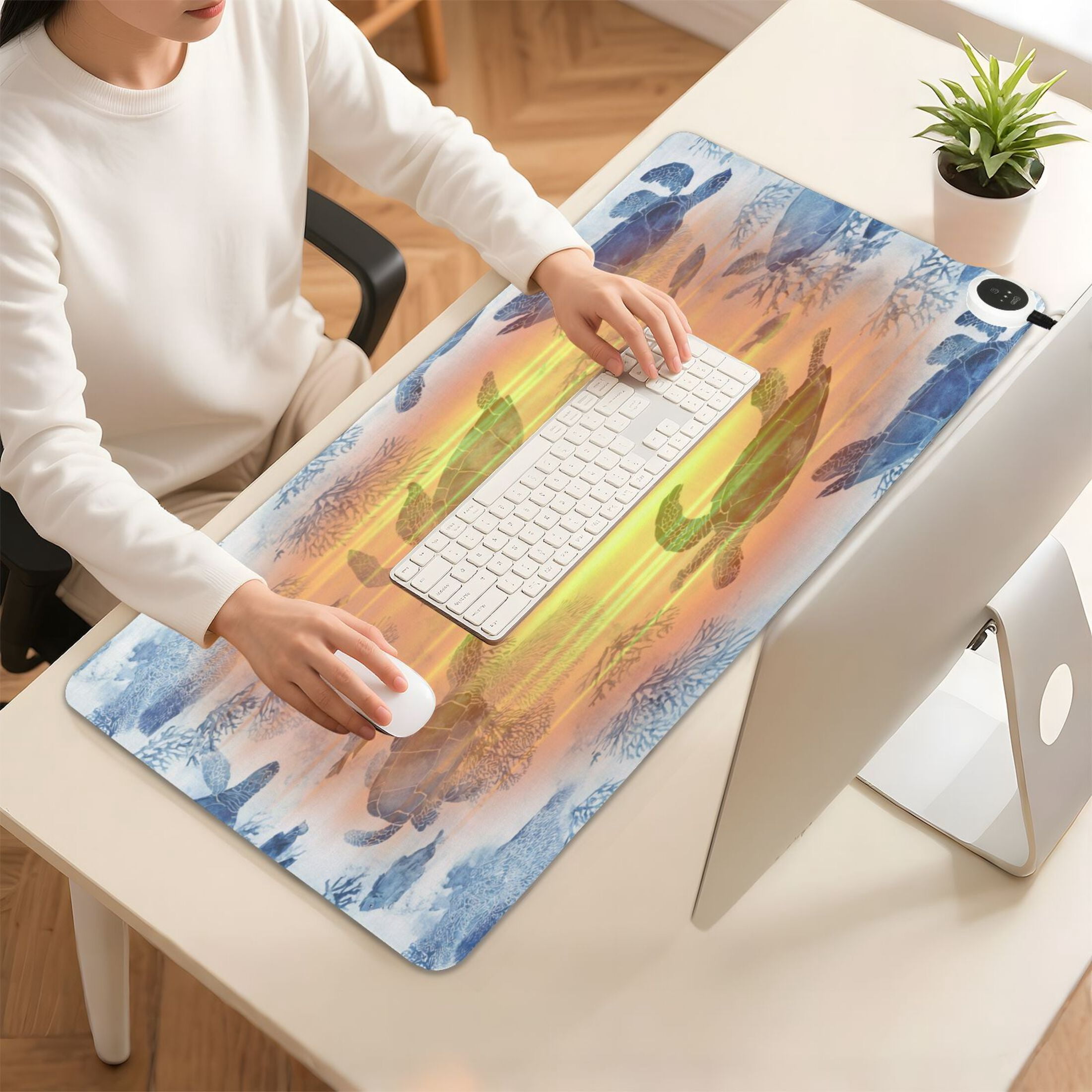 Large Heated Desk Mat Mouse Pad 31.5"x13"PU Leather Graphene Heating Desk Warmer with 3 Temperature Settings 110V US Plug Non-Slip Warm Pad for Home, Office, and Gaming Sea Turtles and Fish Swimming