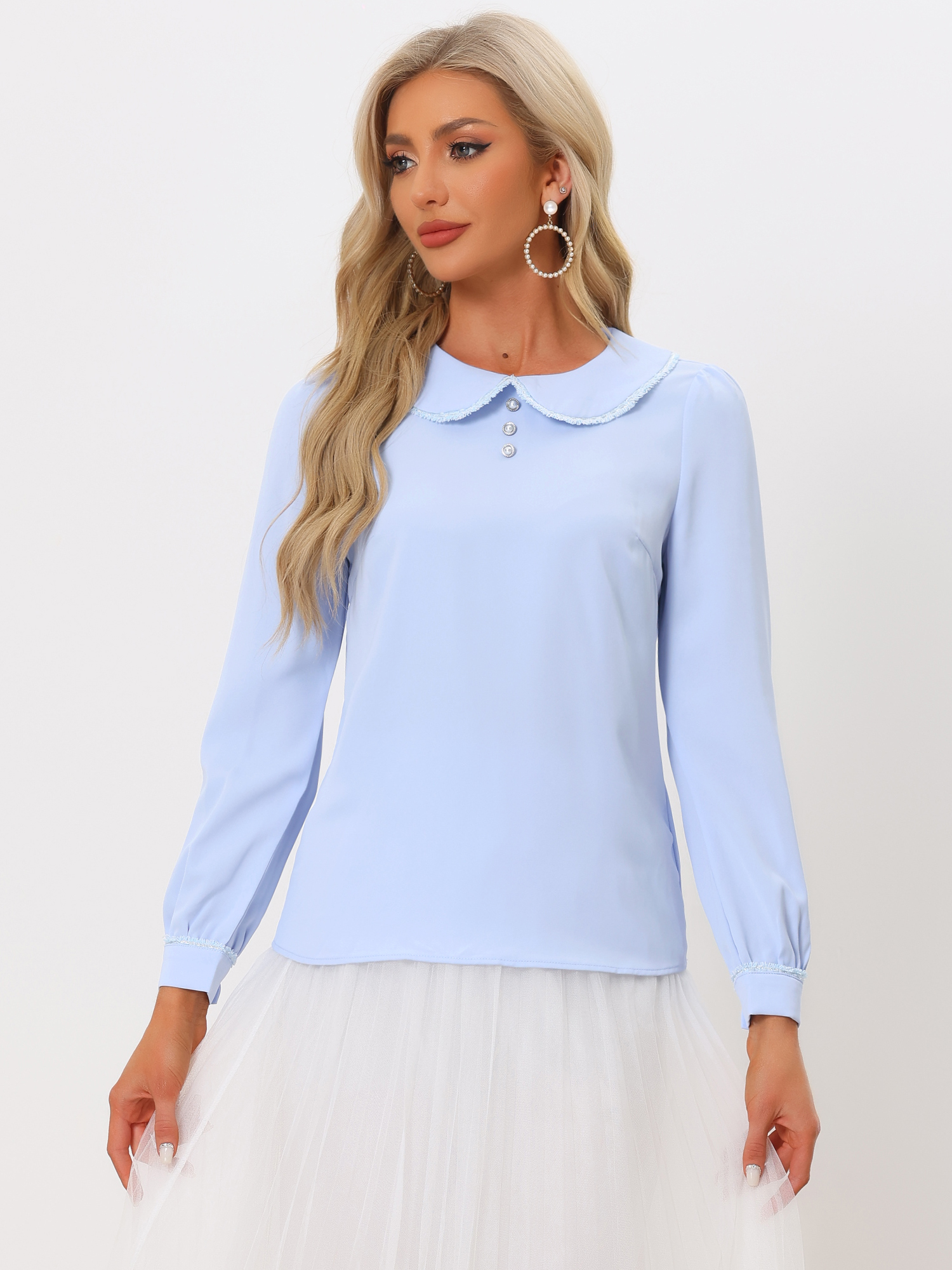 DARING DIVA Women's Contrast Trim Peter Pan Collar Top M Light Blue
