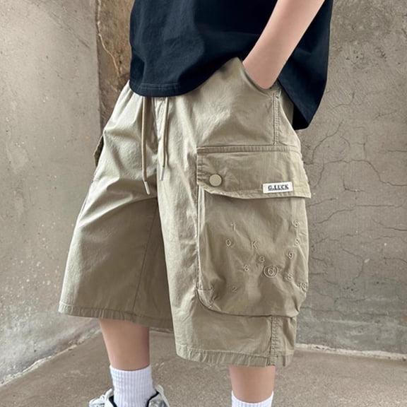 WQNVRNR Boys Cargo Shorts- Pockets Casual Elastic Waist Soft Summer Shorts Khaki Size 10