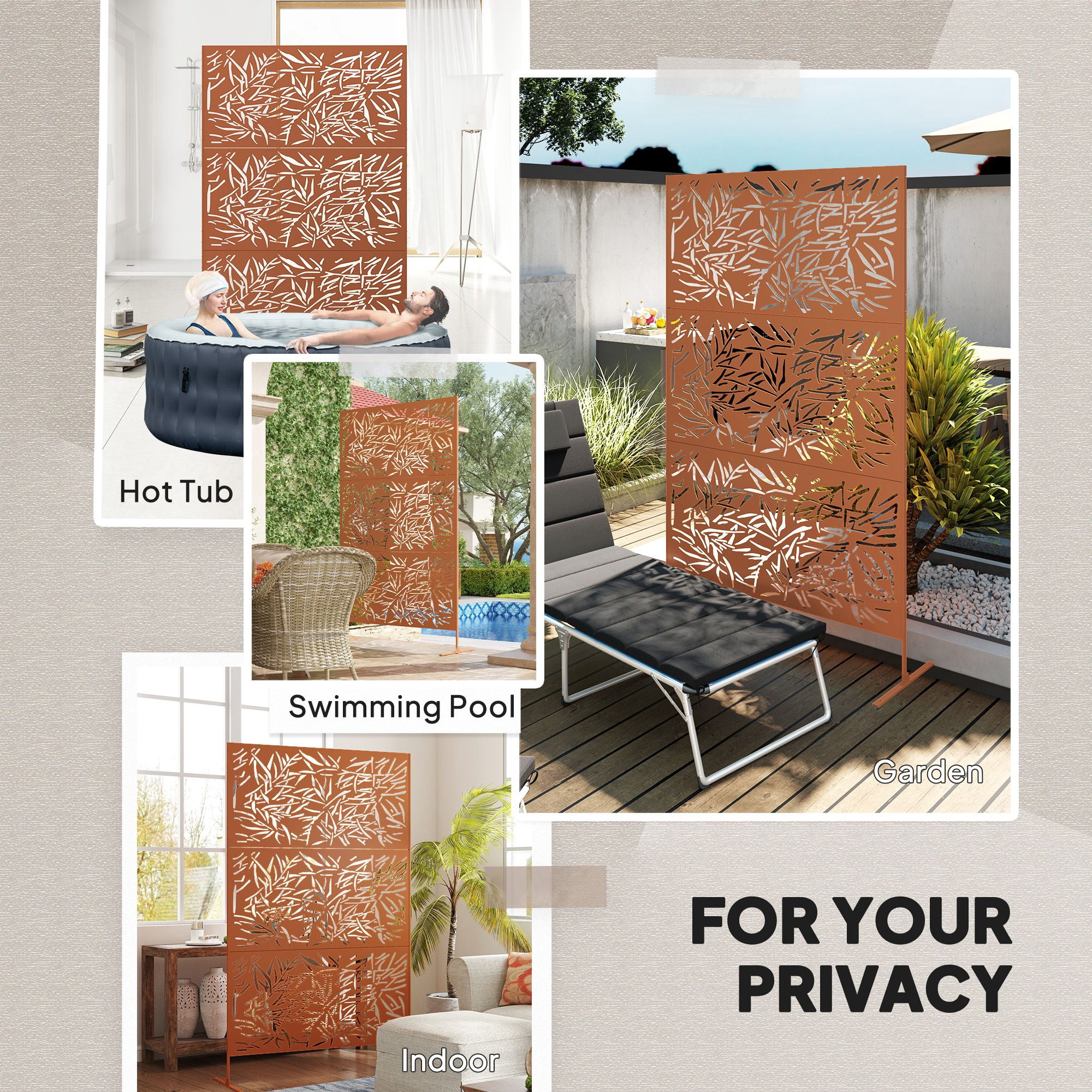 Alvantor Freestanding Metal Bamboo Brown Privacy Screen - Outdoor Decorative Divider