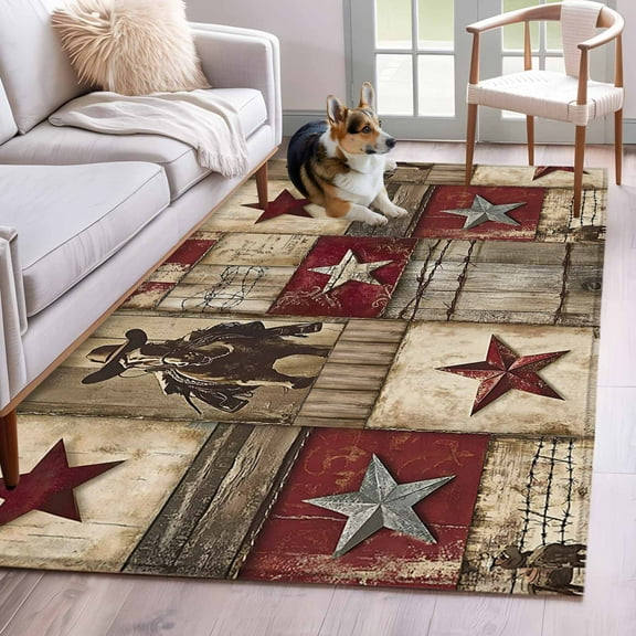 Texas Star Vintage Area Rug 4x6 Washable Rug Non Slip Western Cowboy Country Wooden Large Area Rug Indoor Floor Carpet for Entryway Bedroom Kitchen Living Room Home Office Dining Room Nursery