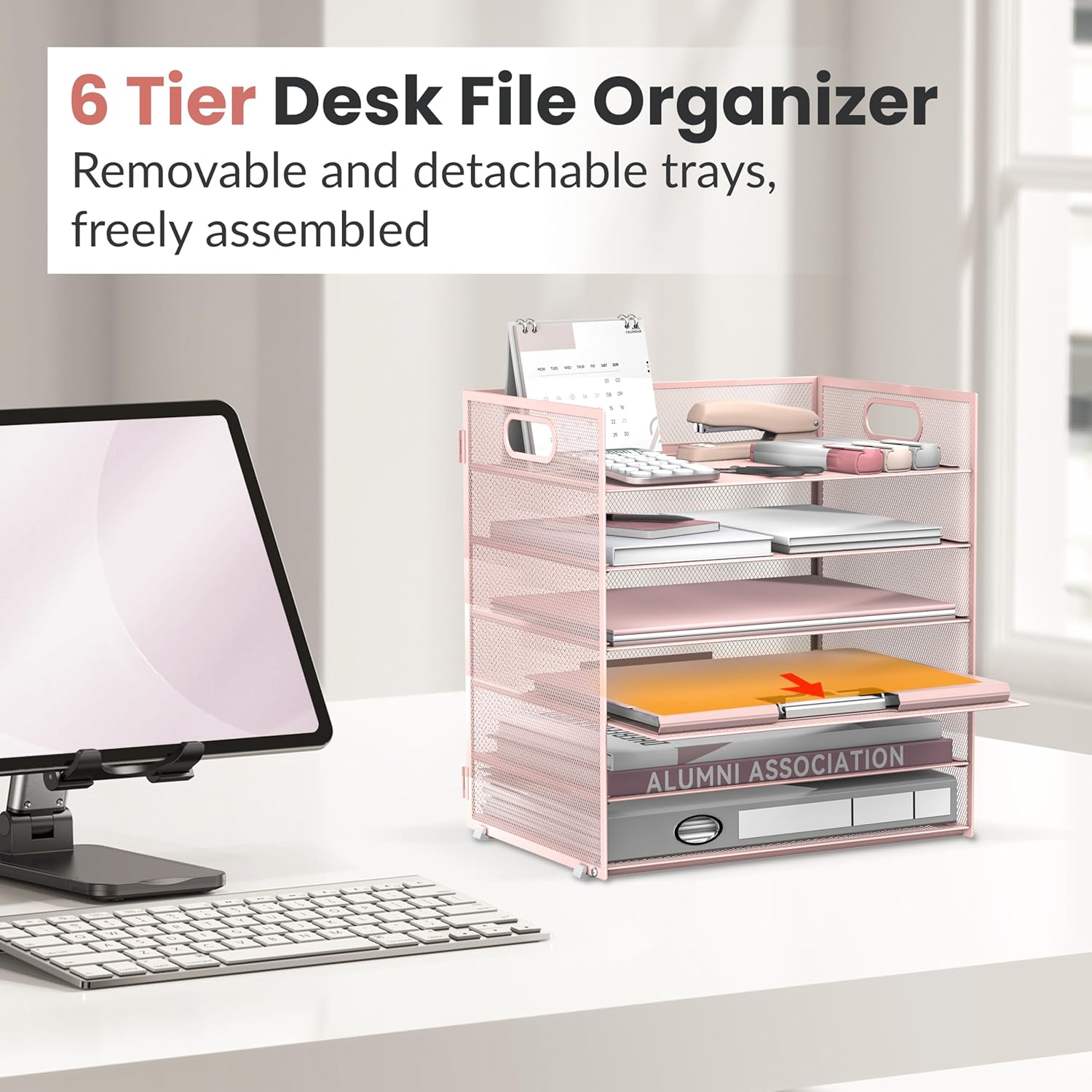 INTIGE 6 Tier Paper Organizer for Desk, Paper Letter Tray Organizer, Metal Mesh Desk File Organizers with Handle for Office/Home