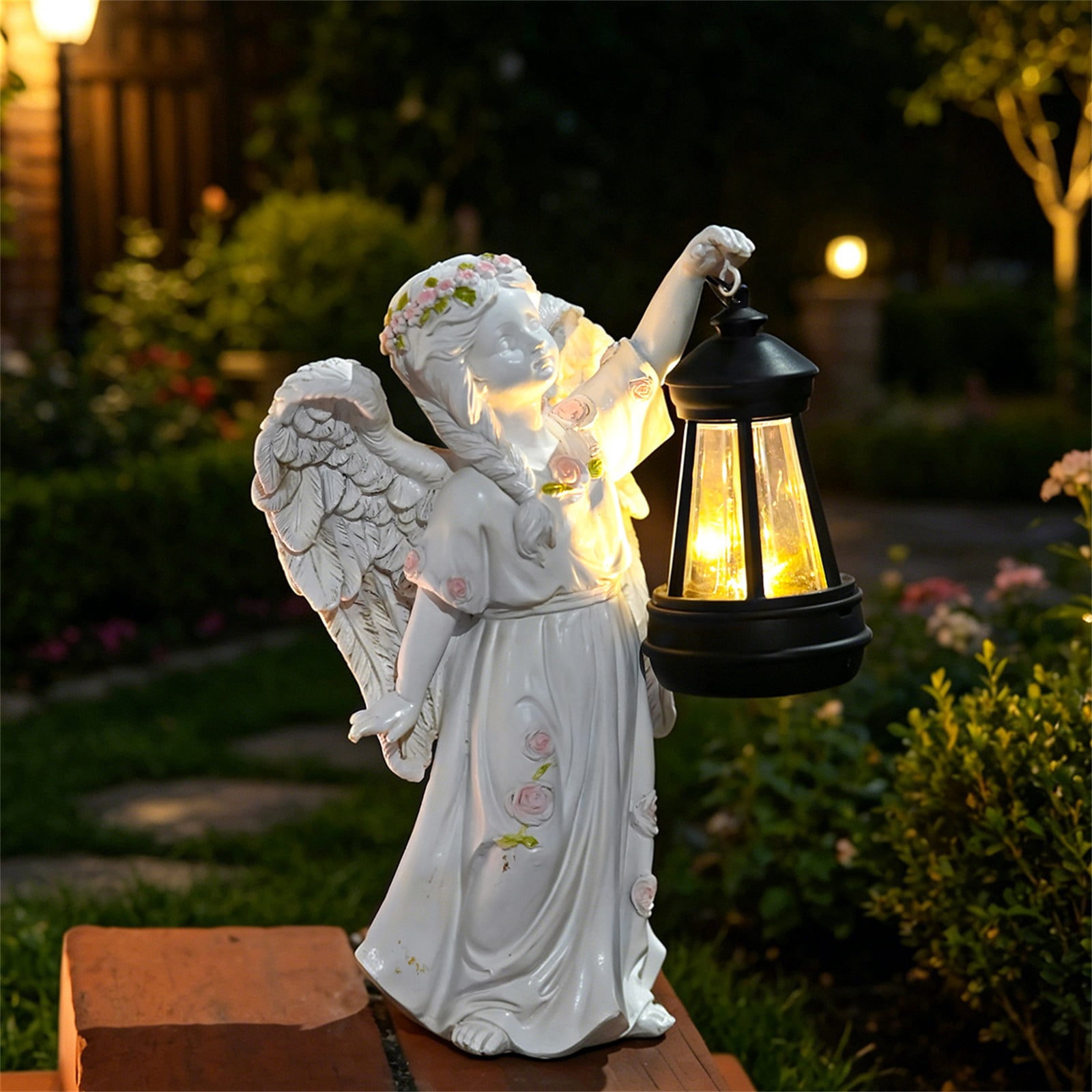 9" Angel Garden Statue with Solar Powered Lantern, Resin Outdoor Sculpture for Yard Art, Garden Decorations Memorial Gift Decor for Patio Porch Walkway, A