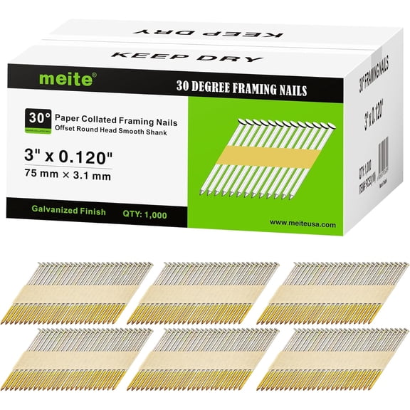 MEITE Framing Nails 30 Degree Galvanized Paper Tape Collated Offset Round Head Smooth Shank 1000 PCS 3-Inch x .120-Inch