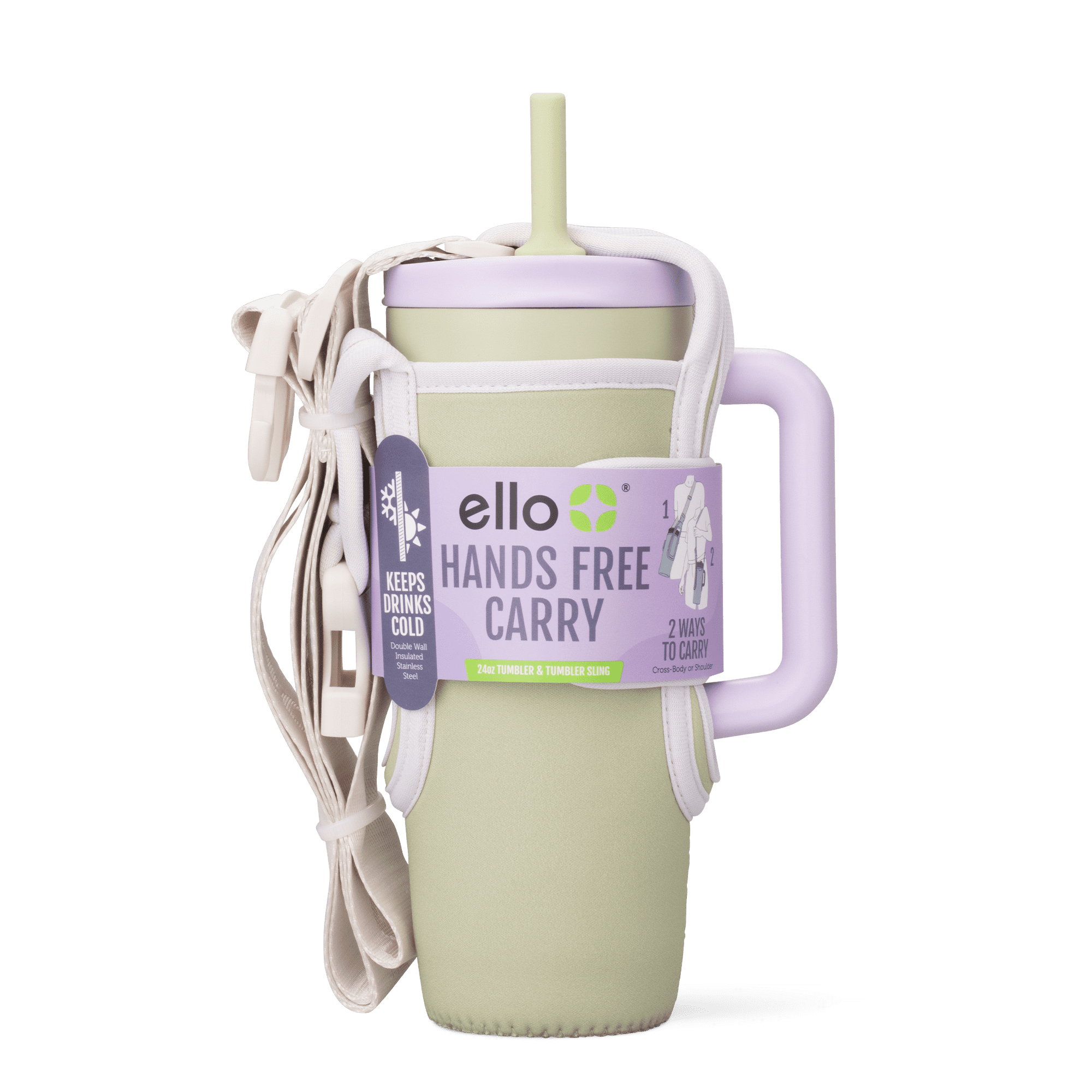 Ello Ultra Clean 24oz Stainless Steel Tumbler with Handle and Bottle Bag Sling with Adjustable Strap, Whispering Leaves
