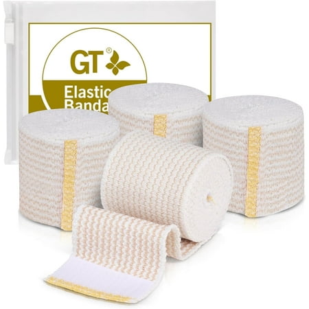 GT USA Cotton Elastic Bandage Wrap (2" Wide, 4 Pack) | Hook & Loop Fasteners at Both Ends | Latex Free | Hypoallergenic Compression Roll for Sprains & Injuries
