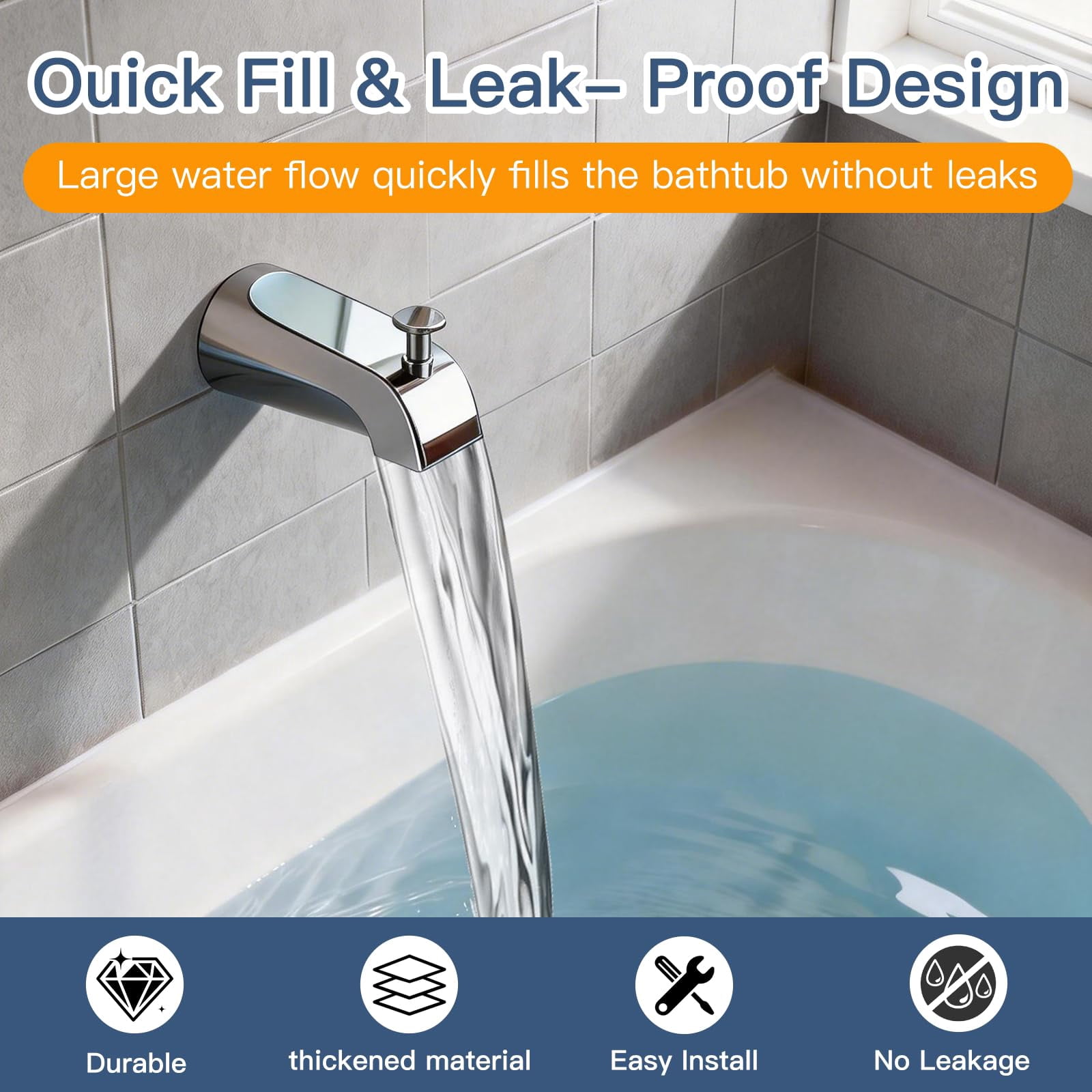 Tub Spout with Diverter, All Metal Bathtub Faucet, Chrome, for 1/2 Inch Copper Pipe