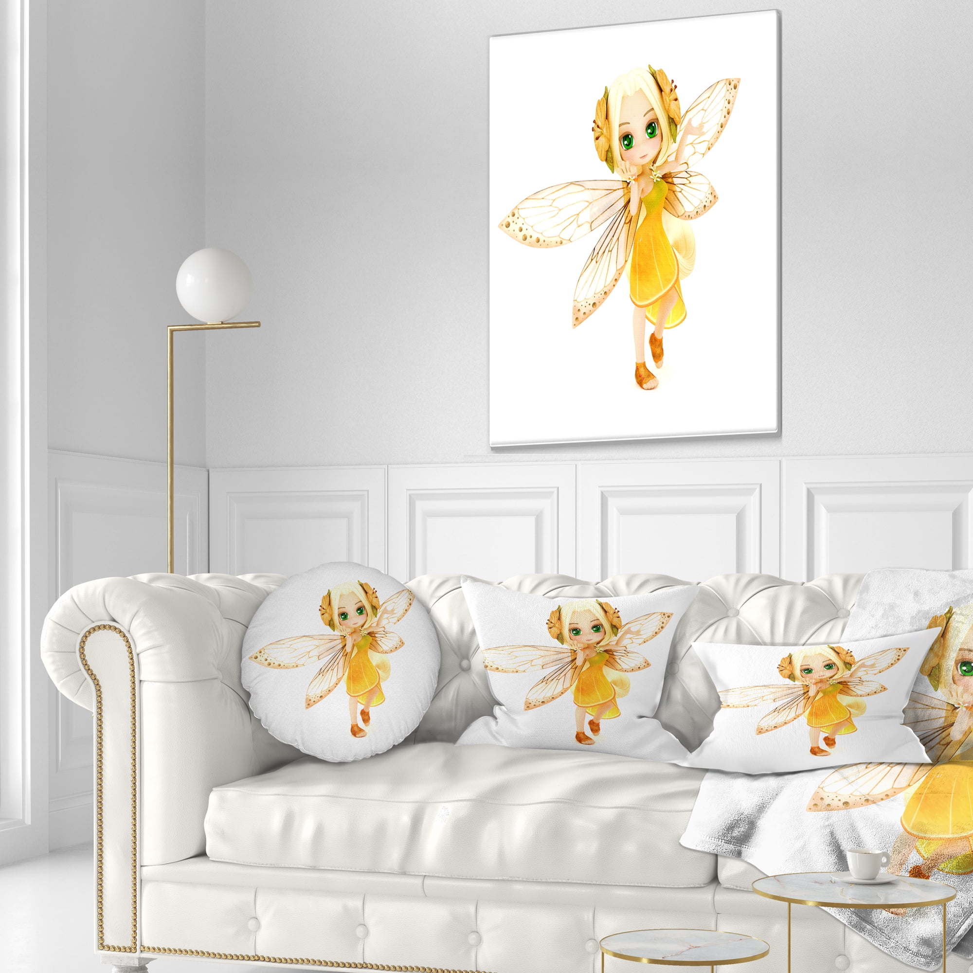 Designart Fairy Woman with Yellow Wings - Floral Painting Throw Pillow - 12x20