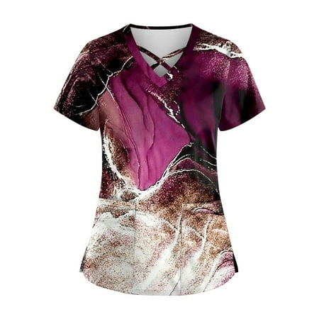 

QWANG Plus Size Cute Printed Scrub Working Uniform Tops For Women Cross V-Neck Short Sleeve Fun T-Shirts Workwear Tee With Pockets