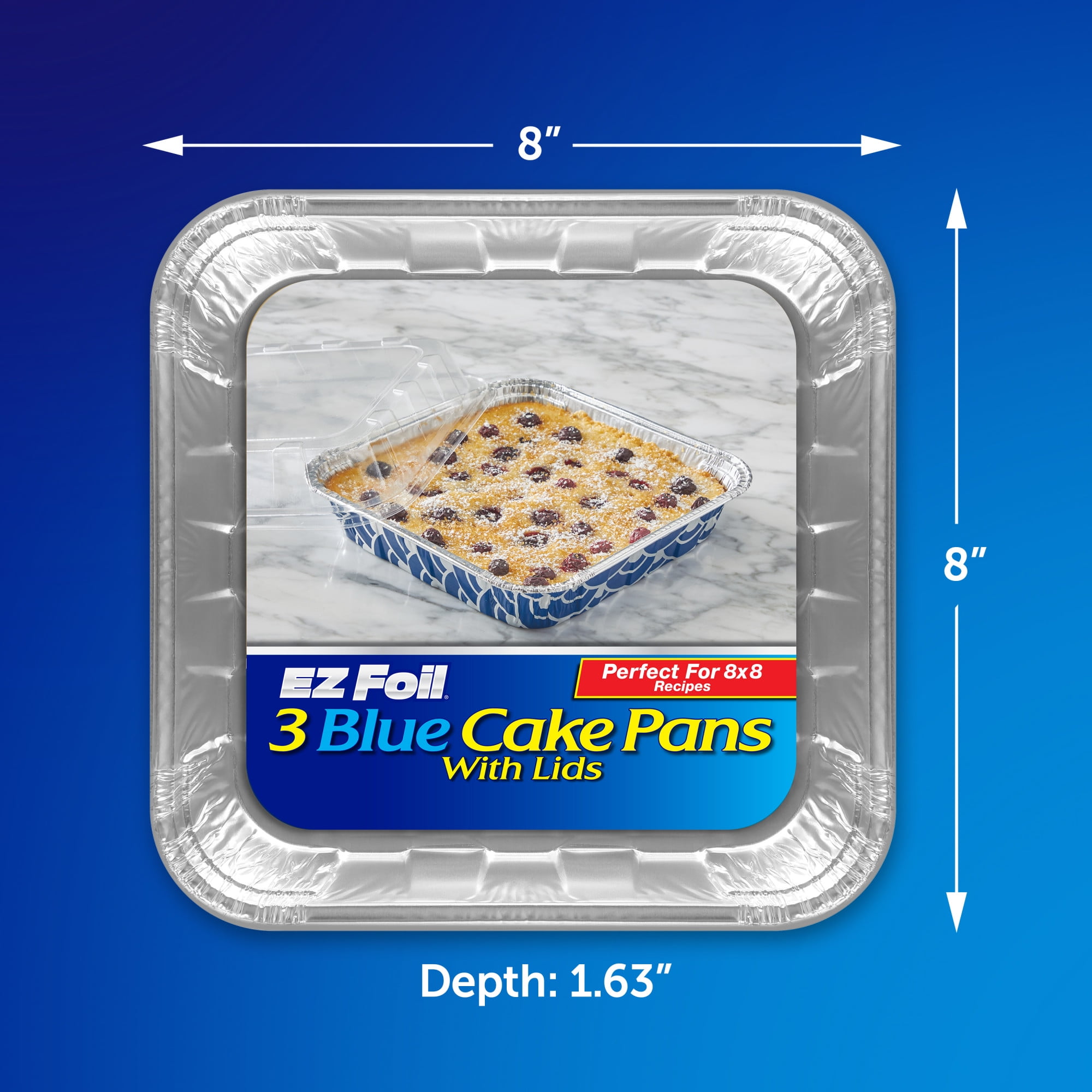 (5 pack) EZ Foil Cake Pans with Lids, Blue, 8x8 Inch, 3 Count