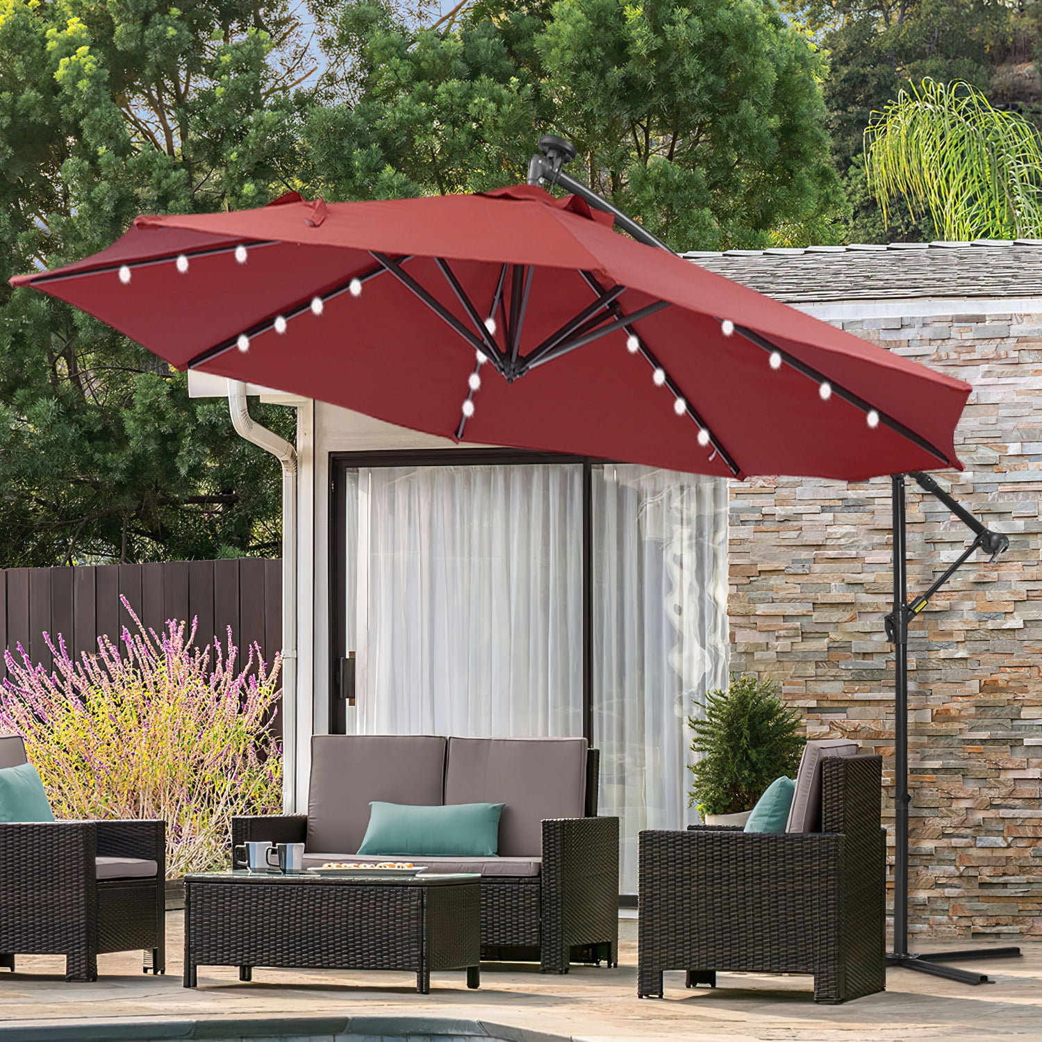Kepooman 10ft Solar LED Patio Umbrella, Market Outdoor Table Umbrella with 32 LED Lights for Garden, Backyard & Pool, Red Kepooman 10ft Solar LED Patio Umbrella, Market Outdoor Table Umbrella with 32 LED Lights for Garden, Backyard & Pool, Red