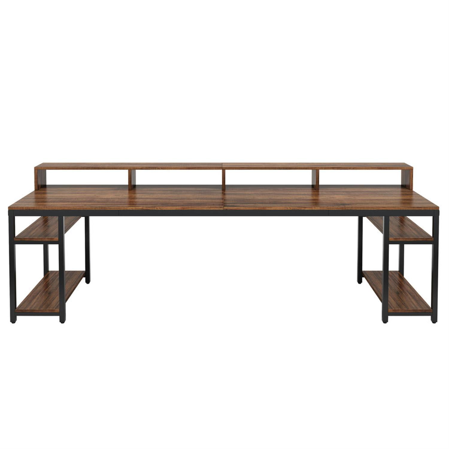 Demi Bonn 78"dustrial Two Computer Desk with Monitor Stand and 4 Open Shelf, Modern Double Study Writing Gaming Table for Home Office, Brown