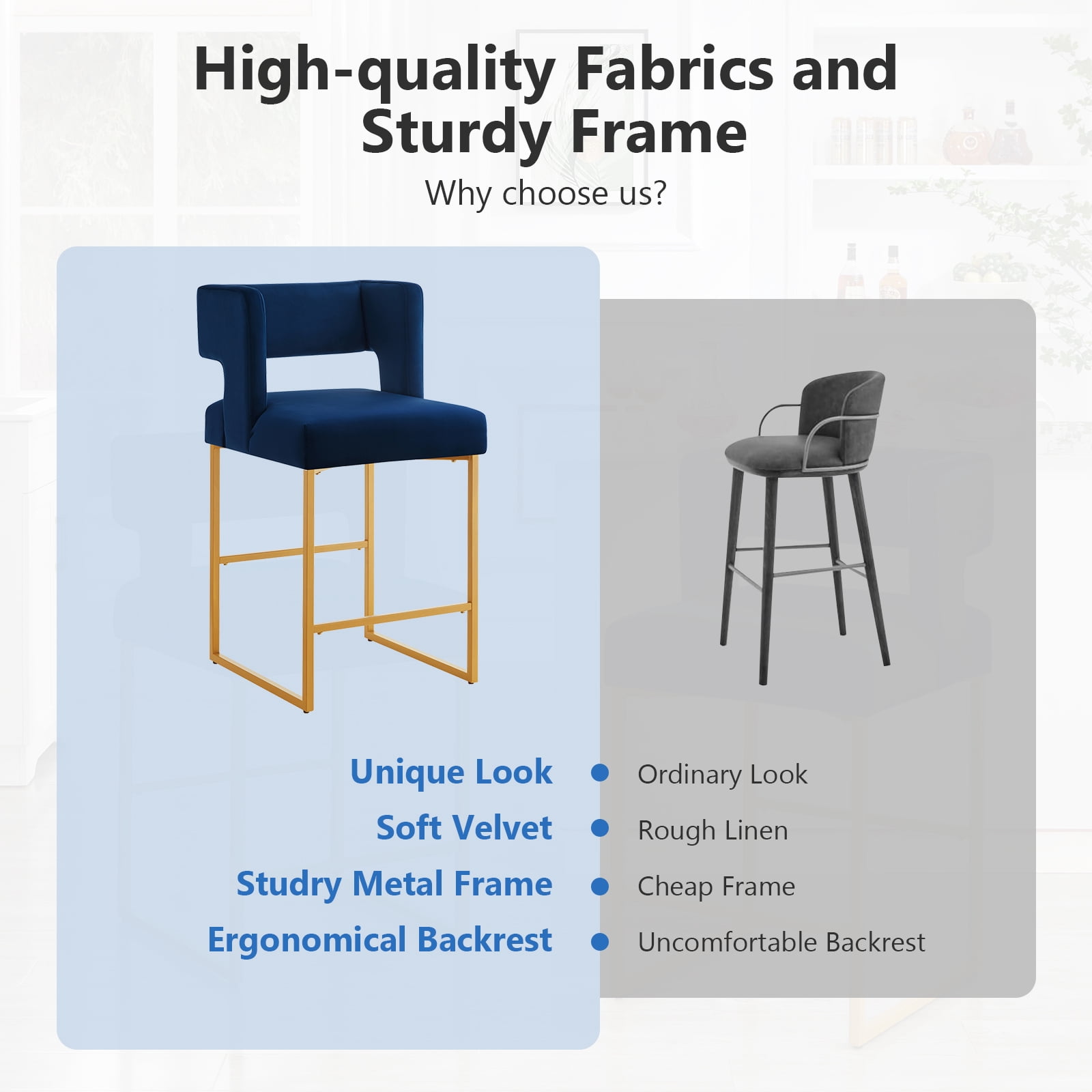 Lecut 26" H Counter Height Bar Stools Set of 2, Modern Velvet Bar Stools with Square Open Backrest and Gold Metal Frame, Kitchen Counter Stools for Island, Home Bar, Pub,Blue+Gold