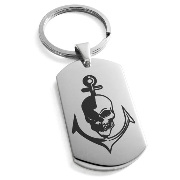 Stainless Steel Nautical Anchor & Skull Engraved Dog Tag Keychain Keyring