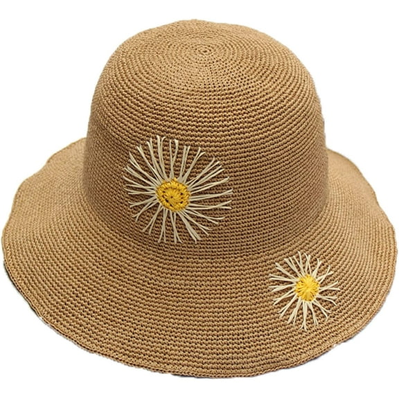 CoCopeaunts Women Straw Bucket Hat Wide Brim Sunshade Vacation Beach Sunflower Embroidery Summer Handmade Packable Fisherman Hat