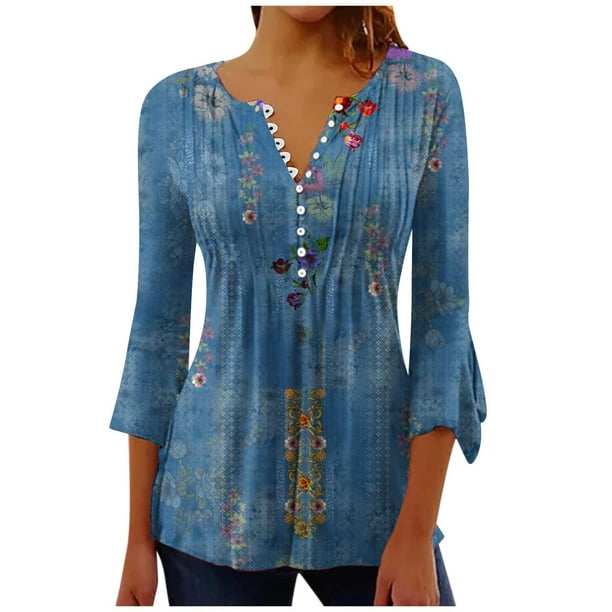 Women Summer Printed Fashion Button Shirts Blouse Casual 3/4 Sleeve Cotton  Tops