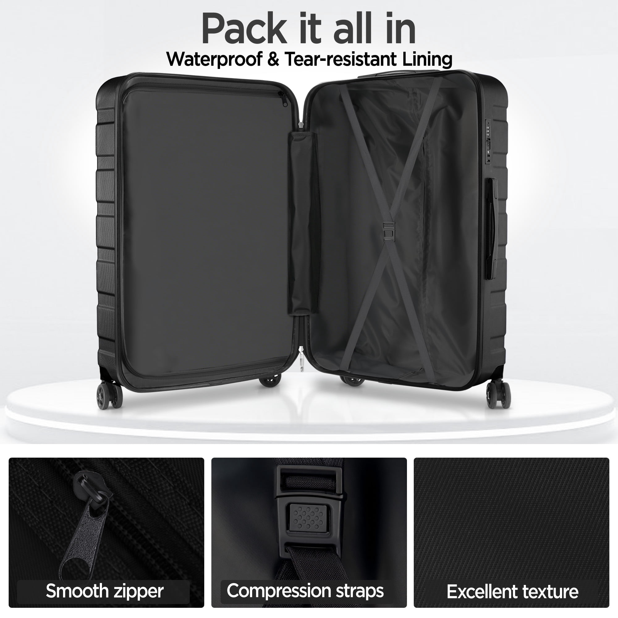 Hardshell Luggage 11 Piece Set, Lightweight Suitcases with 360° Spinner Wheels & Lock, 20" Carry-On + 24"/28" Checked Luggage + 14" Travel Case, Black