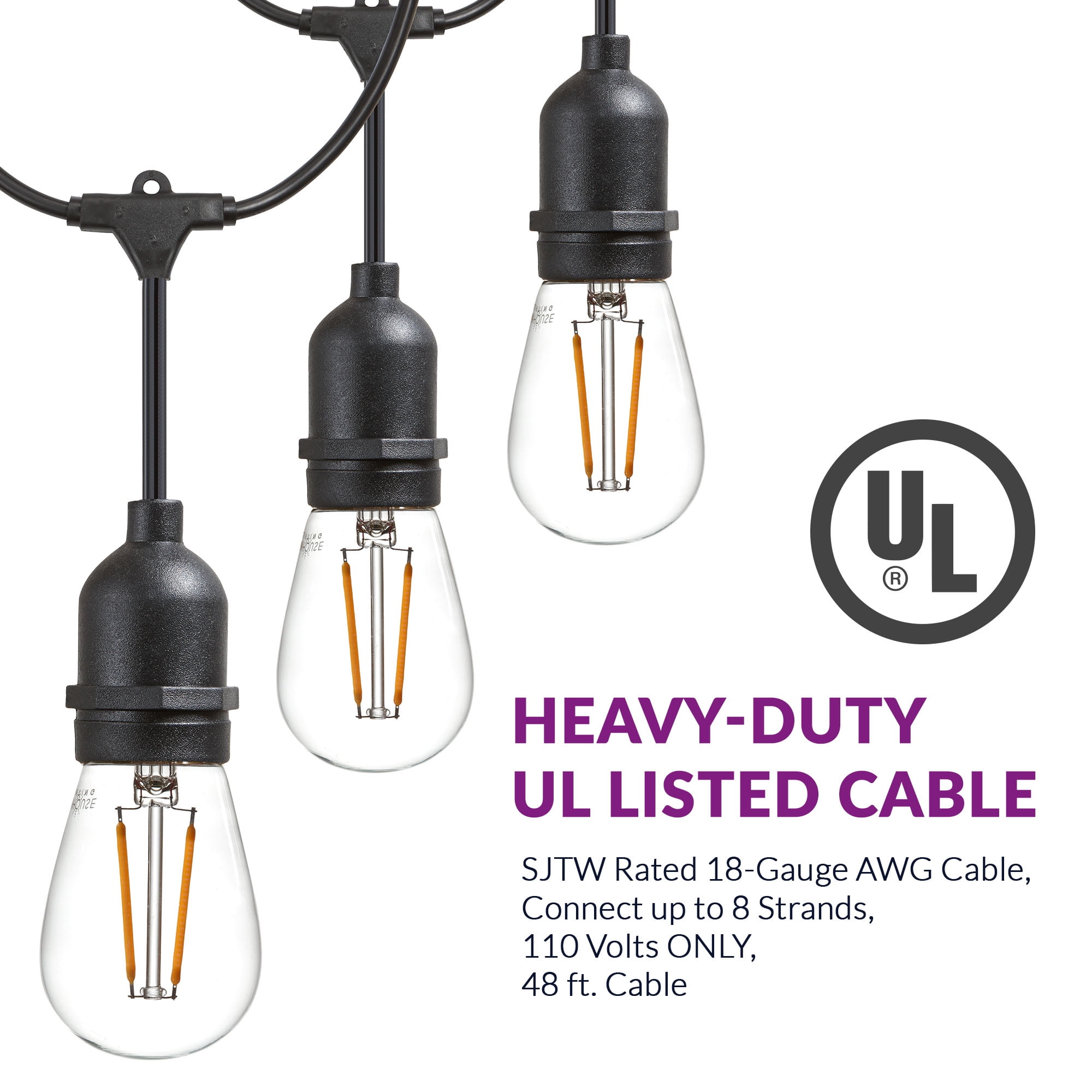 48-ft String Lights w/(16) Plastic LED Filament Bulbs Included