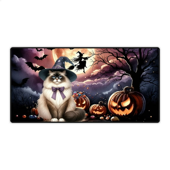 Spooky Halloween Night Witch Ragdoll Glowing Pumpkins Desk Mat Full Keyboard Mouse Pad Cat Lover Kitten Owner Gifts Idea Large Mousepad - 12015