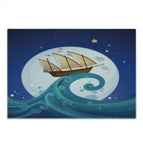 Moon Cutting Board, Old Ship with Tempest Riding the Waves Full Moon and Stars Marine Cartoon Style, Decorative Tempered Glass Cutting and Serving Board, Small Size, Blue Brown White, by Ambesonne