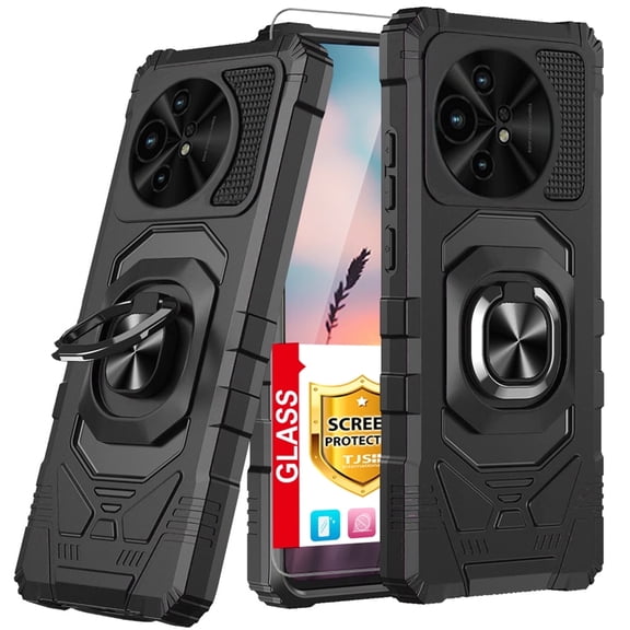 TJS for TCL 50 XL 5G / 50 XL NXTPAPER 5G Phone Case, with Tempered Glass Screen Protector, [Military Grade] Magnetic Support Car Mount Metal Ring Kickstand (Black)