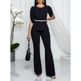 thumbnail image 6 of Women’s 2 Piece Outfit – Black Puff Sleeve Top and Flared Pants Business Casual Set with Belt, 6 of 8