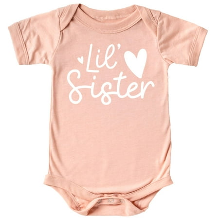 

Olive Loves Apple Lil Sister Heart Bodysuit for Baby Girls Sister Sibling Outfits White on Peach Bodysuit Newborn