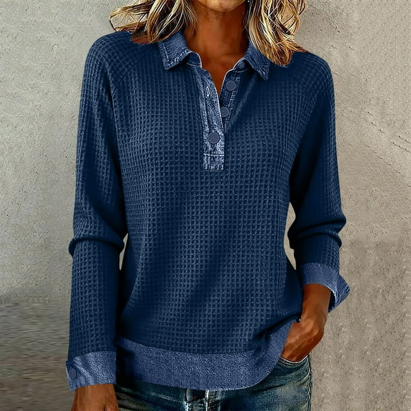 Plus Size Button Down Shirts for Women Women Solid Casual Long Sleeves Lapel Denim Patchwork Stitching Pullover Tops