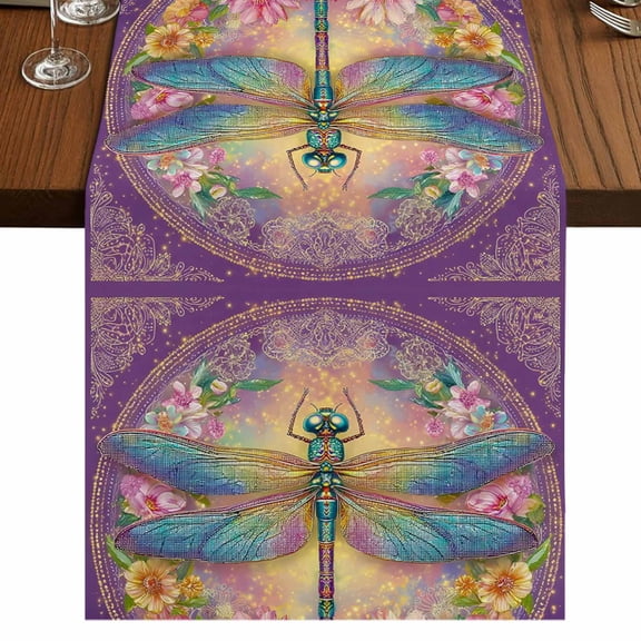 Table Runners 72 Inches Long Dress Scarves, Purple Dragonfly Farmhouse Kitchen/Dining Table Runner, Coffee Tablerunners, Colorful Flowers Watercolor Chic Floral Plant 13x72 Inch