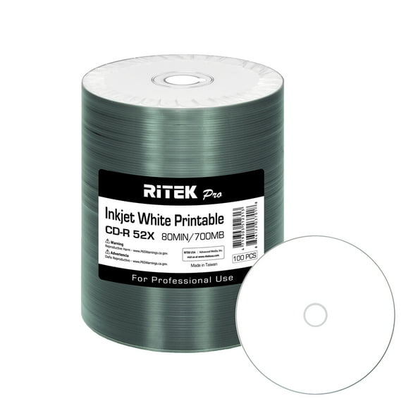 100 Pack Ritek Pro (Professional Grade) CD-R 52X 700MB White Inkjet Hub Printable Blank Media Recordable Disc