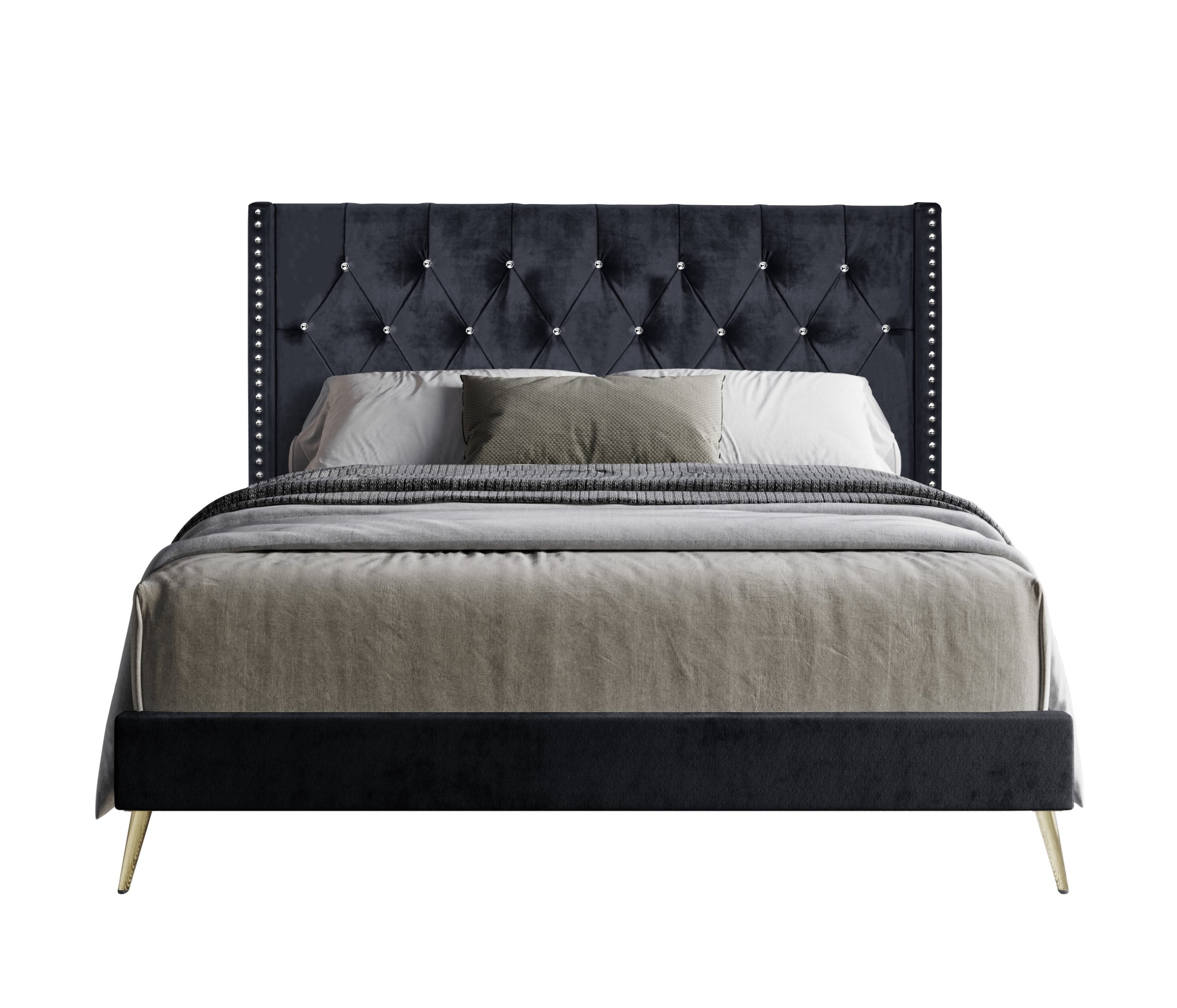 Home Design Homer Queen Diamond Tufted and Nailhead Trim Velvet Wingback Platform Bed Frame for Adult, Black, Easy Assembly