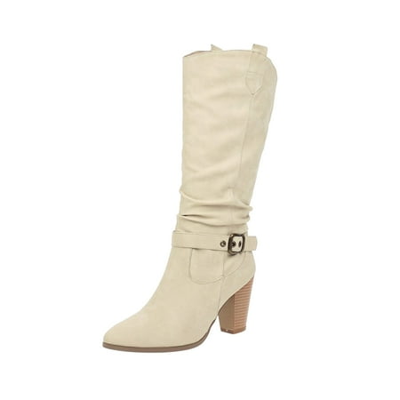 

EQWLJWE 2022 Booties for Women Shoes Winter Warm High Heel Slip-on Mid-calf Belt Buckle Casual Cowboy Knight Boots Deals Discount Clearance