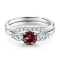 thumbnail image 3 of Gem Stone King 10K White Gold Red Rhodolite Garnet and White Lab Grown Diamond 5 Stone Bridal Engagement Wedding Ring Set for Women (0.91 Cttw, Round: 5MM and 3MM, Size 7), 3 of 6