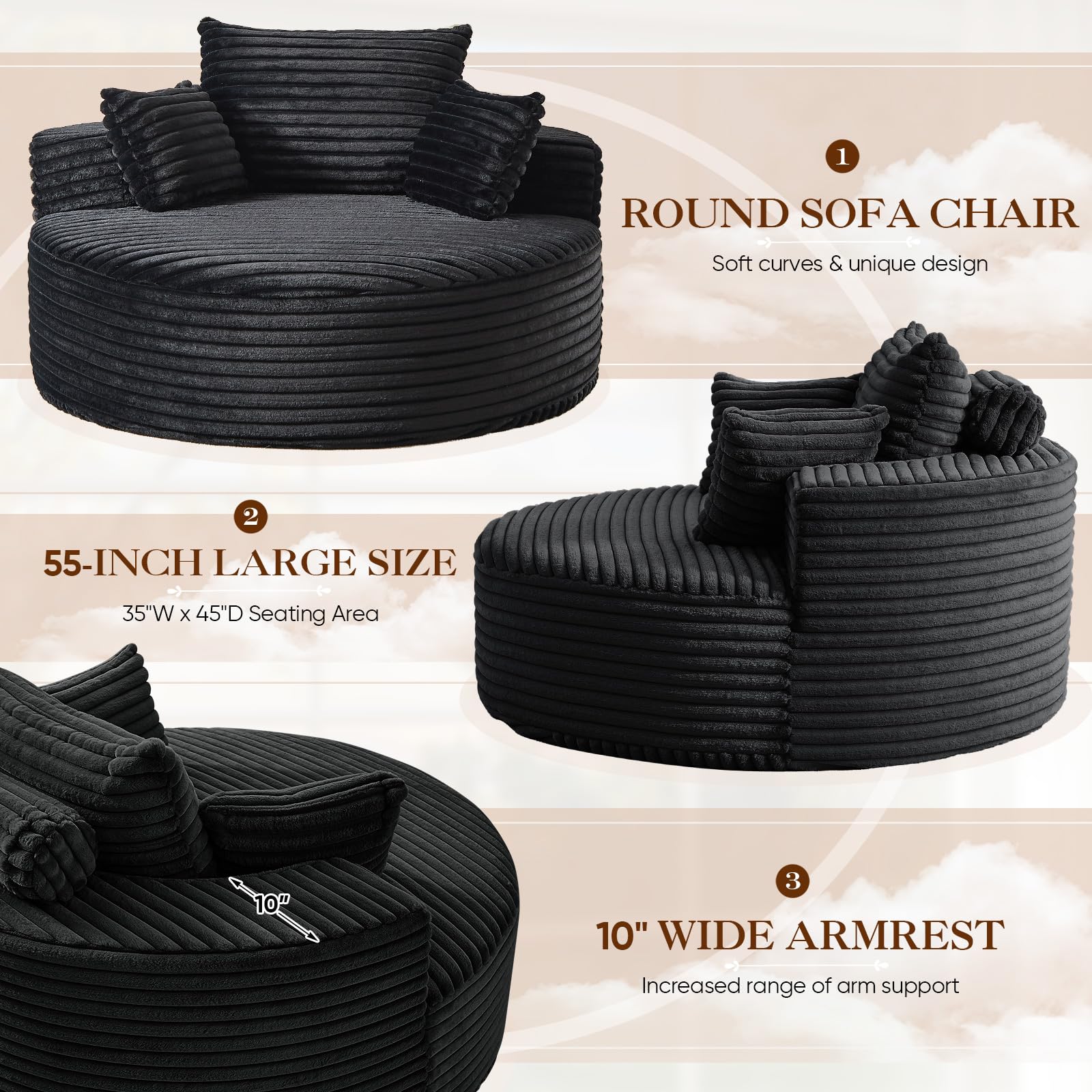 Aukfa 55" Oversized Round Chaise Lounge Chair Indoor, Corduroy Upholstered Sleeper Chair with Deep Seat & Pillows, Black