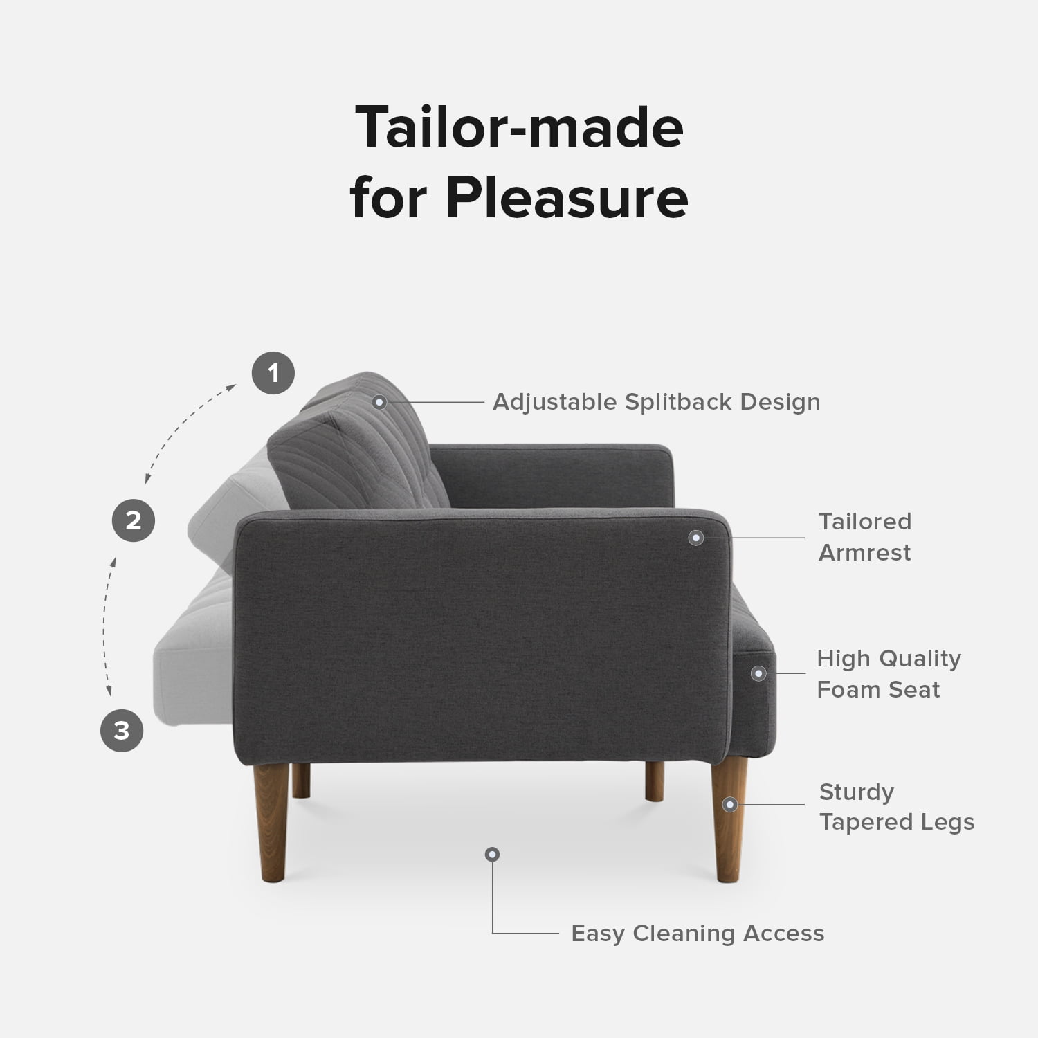 Mopio Aaron Futon Twin Size Convertible Sofa Sleeper Futon with Arms Split Back Design 77.5" Dark Gray Fabric