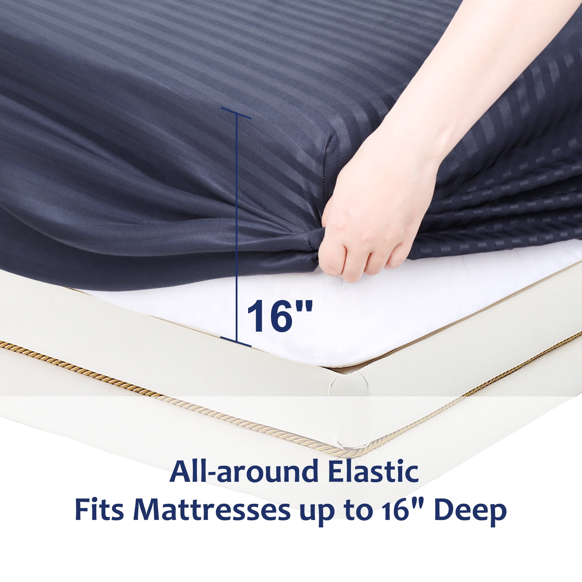 Unique Bargains Soft 100GSM Striped 16 Inch Deep Pocket Fitted Sheets Full Navy Blue