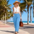 thumbnail image 2 of TaTaai Women All Season Striped Patchwork Wide Leg Pants Cotton Linen Casual Elastic Waist Loose Straight Trousers with Pockets Comfortable Daily Work Wear Gift, 2 of 9