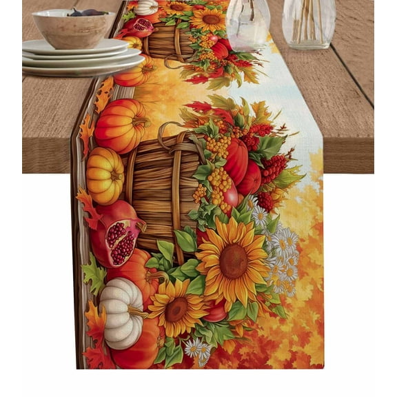 Orange Pumpkins Fall Burlap-Cotton Table Runner 72 Inches Long,Thanksgiving Sunflower Botanical Farmhouse Table Runners,Outdoor Dining Tablecloths Decor for Baby Shower Party Wedding 16x72