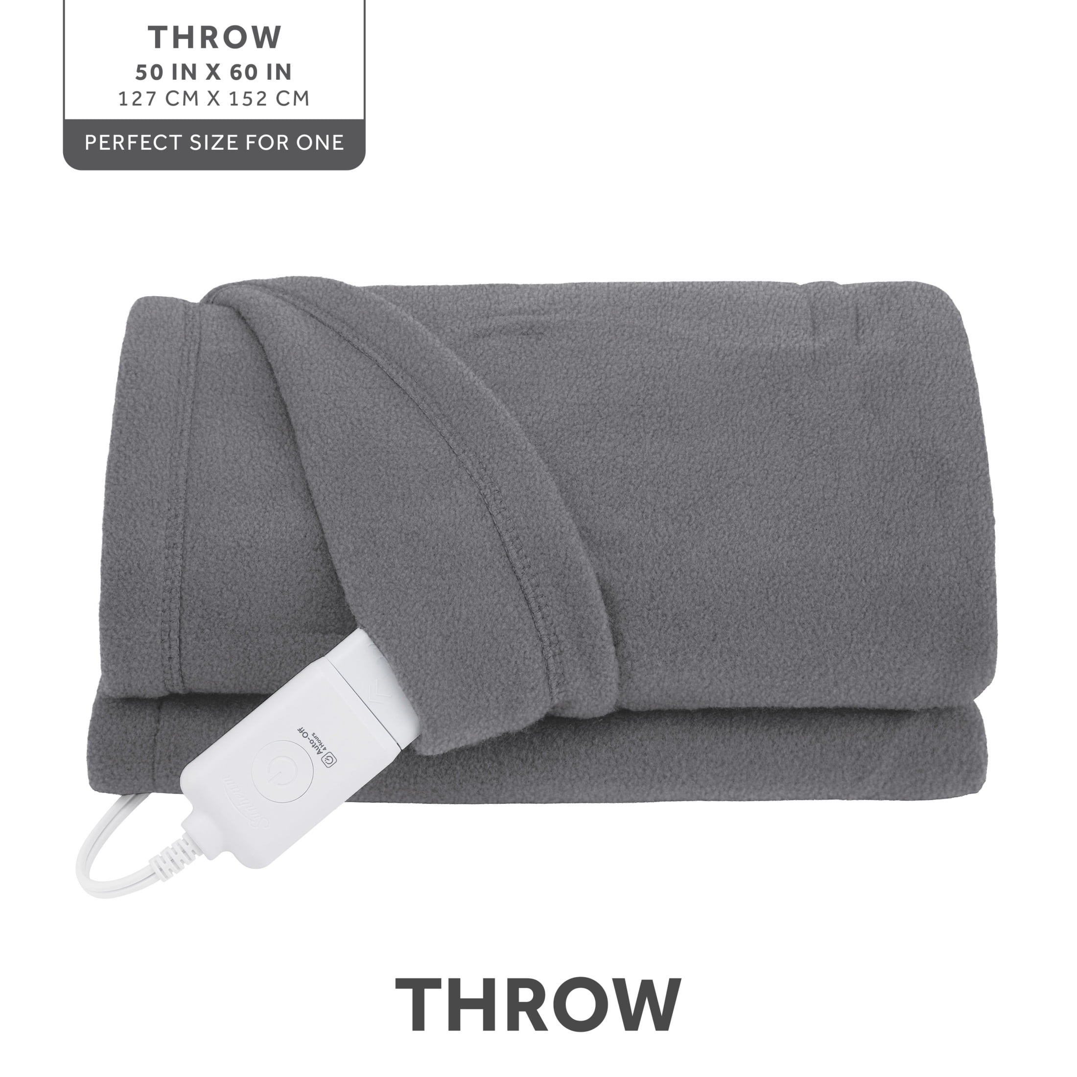 Sunbeam Electric Heated Throw Blanket Gray Polar Fleece 4 Heat Settings Auto-Off 50x60