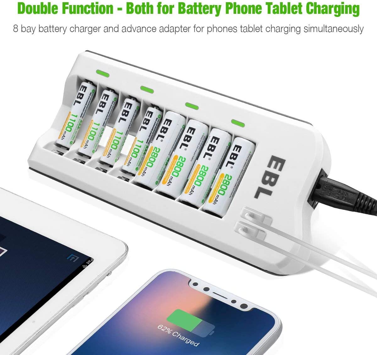EBL 800mAh 1.2V NiMH AAA Rechargeable Batteries (20 Pack) and AA AAA Battery Charger with 2 USB Charging Ports