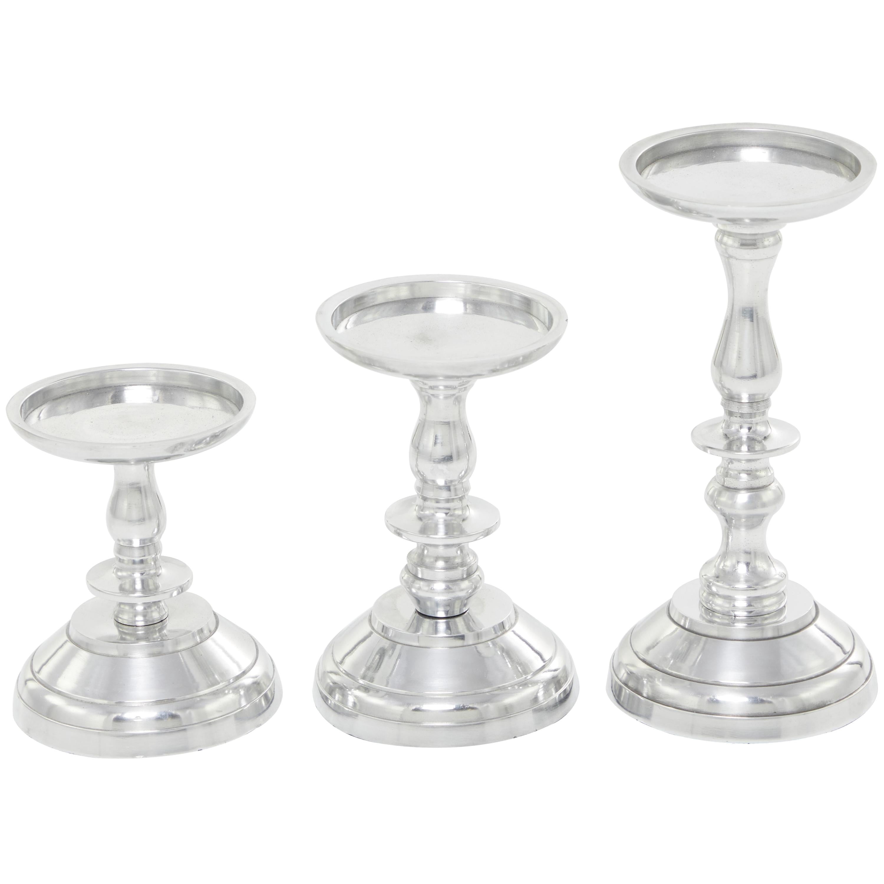 DecMode Traditional Aluminum Decorative Candle Holder, Set of 3 8", 6", 5"H with Polished Silver Finish