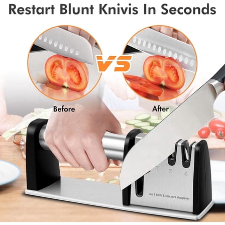 HEYMKGO 4-in-1 Professional Knife Sharpener for Kitchen - Manual Blade Sharpener with Non-Slip Base, Scissors Sharpening Tool for Chef, Home, Hunting Knives