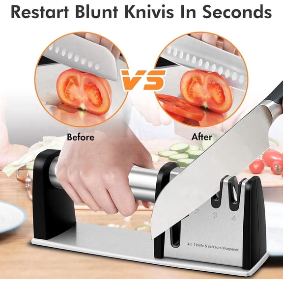 HEYMKGO 4-in-1 Professional Knife Sharpener for Kitchen - Manual Blade Sharpener with Non-Slip Base, Scissors Sharpening Tool for Chef, Home, Hunting Knives