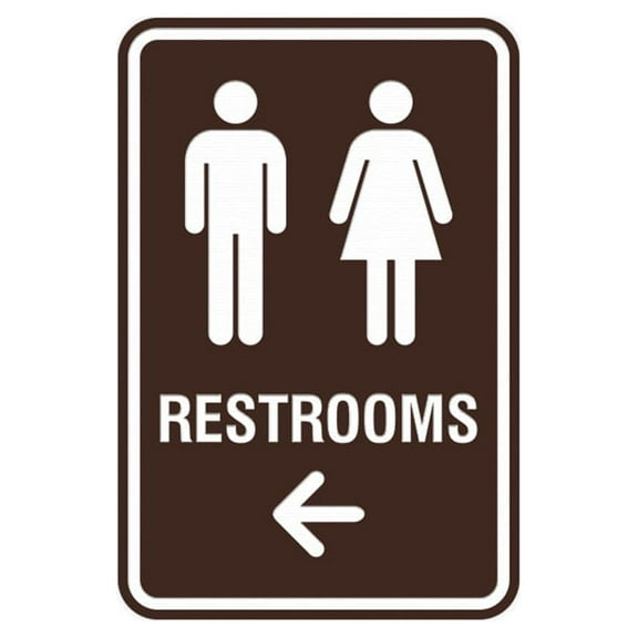Portrait Round Restrooms Left Arrow Sign (Dark Brown) - Small 4" x 6"