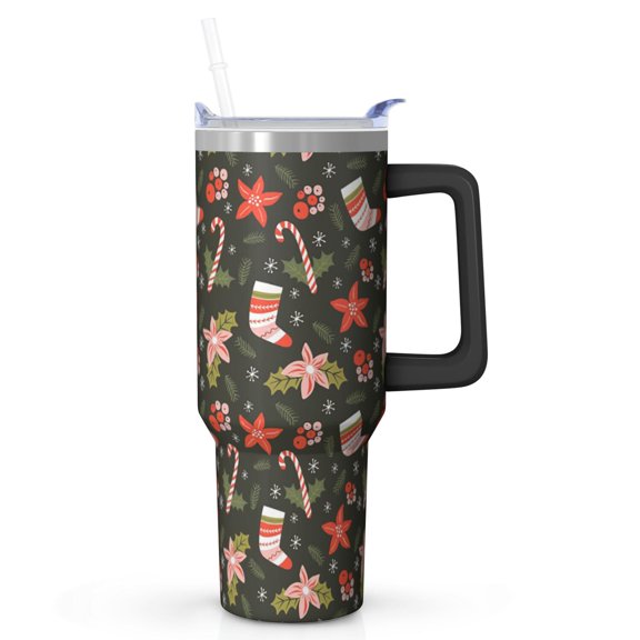 Christmas Ornaments 40oz Stainless Steel Tumbler with Handle and Straw, Leak Proof Winter Coffee Cup, Holiday Insulated Mug Gifts for Women